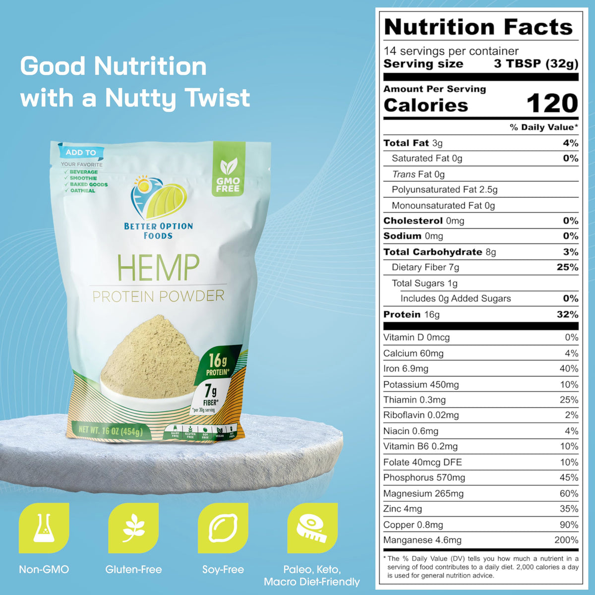 Better Option Foods Hemp Powder - Easy-to-Digest Fiber Protein Powder