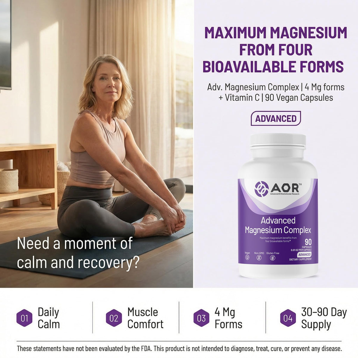 AOR Magnesium Glycinate 4 Forms - 90 Vegan Capsules - image 2