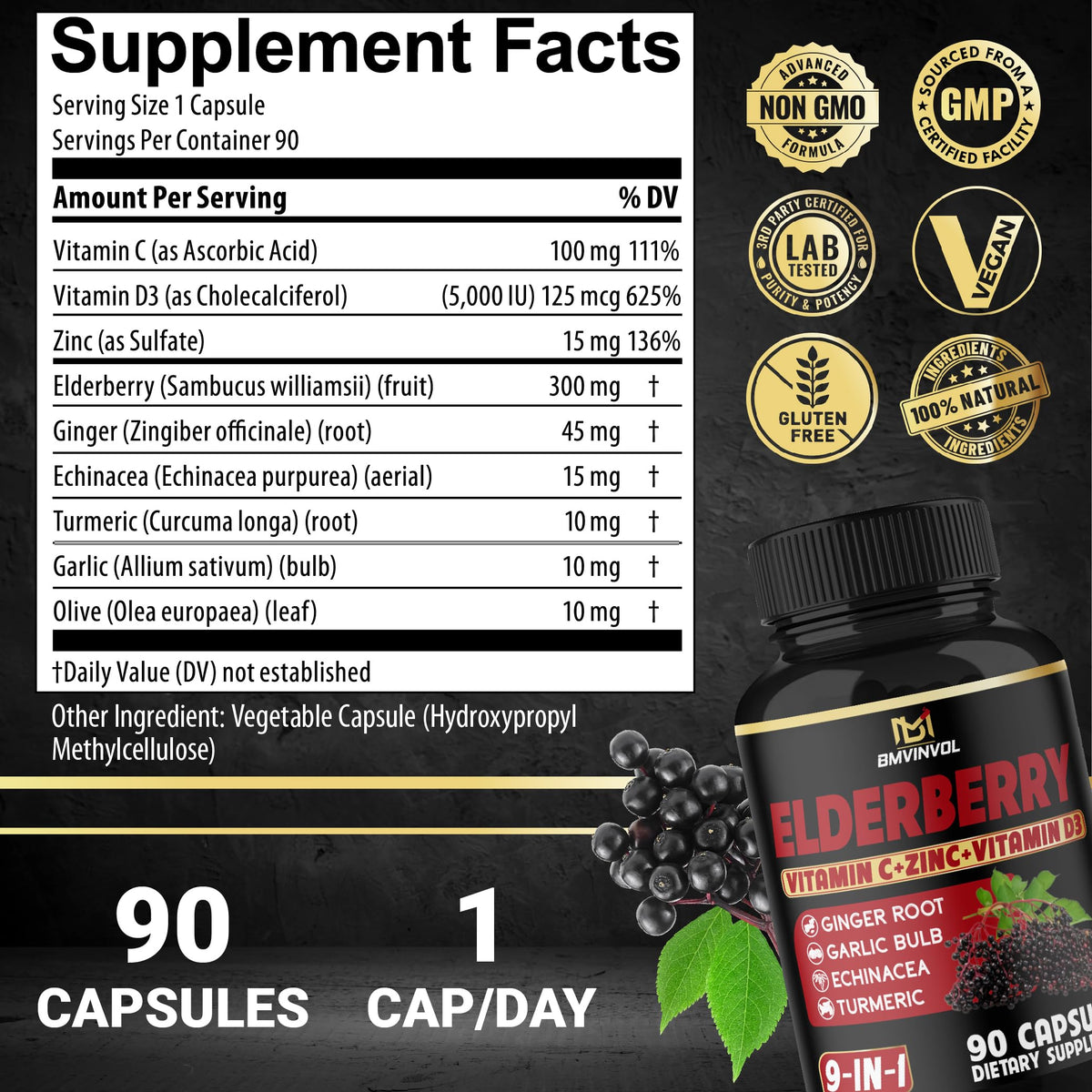 BMVINVOL Elderberry Capsules for Immune Support - 90 Count - image 2