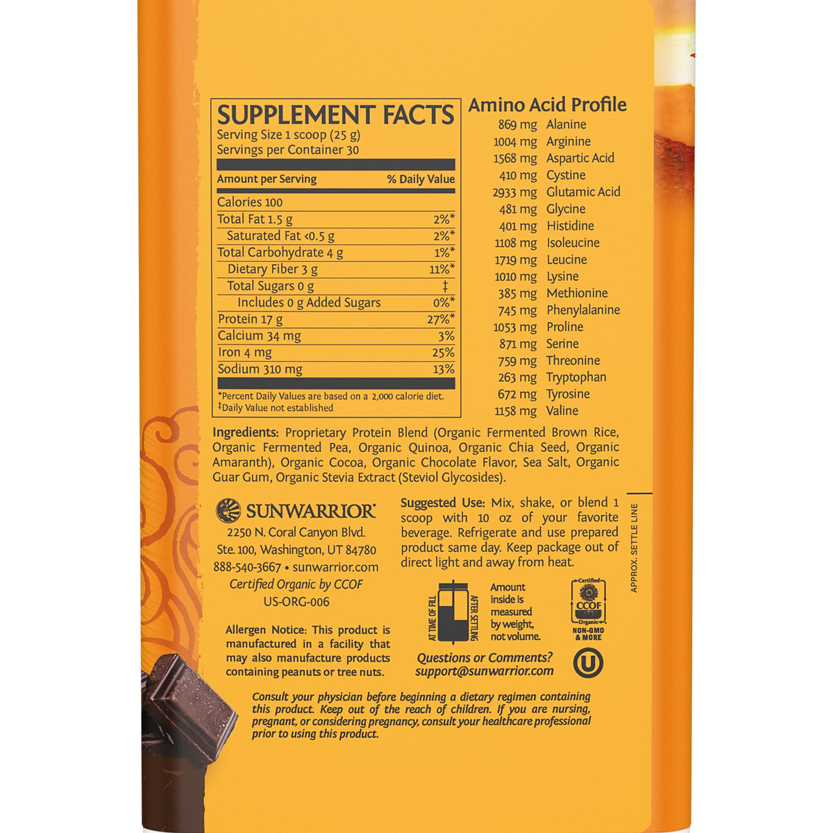 Sunwarrior Classic Plus Vegan Protein Powder Chocolate - 30 Servings - image 2