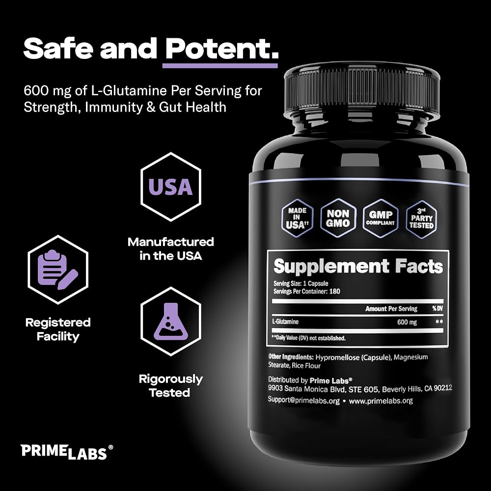 Prime Labs L-Glutamine 600 mg Capsules - 180 Count - image 5