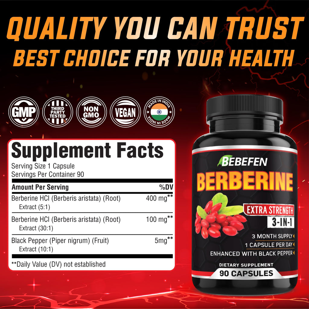 BEBEFEN Berberine Capsules with Black Pepper Extract - 90 Capsules - image 2