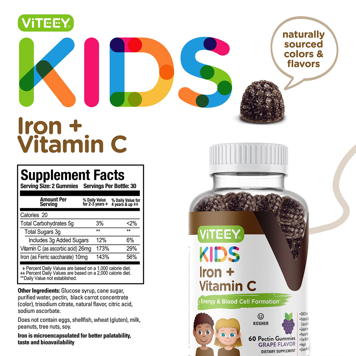 Viteey Iron for Kids with Vitamin C - Tasty Chewable Grape Flavored