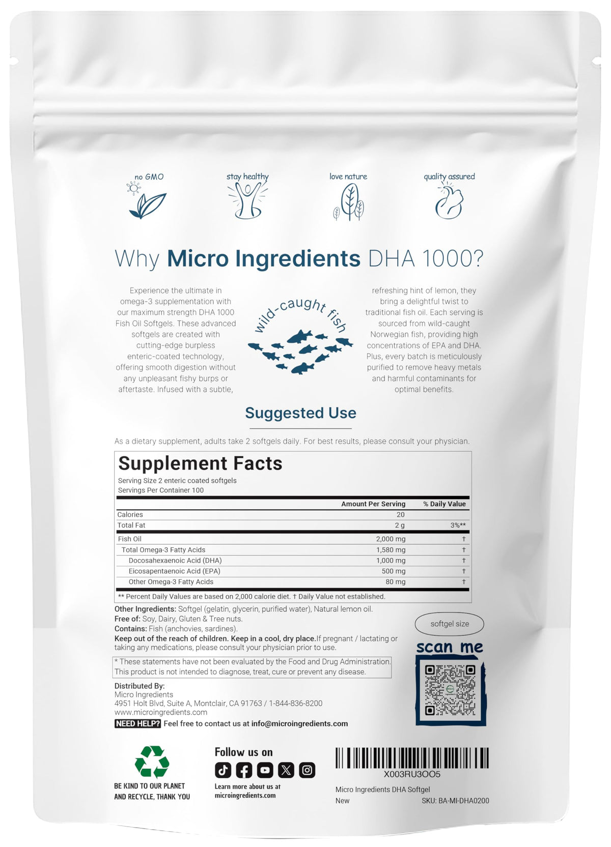 Micro Ingredients Omega 3 Fish Oil DHA 1000mg - 200 Softgels - image 2