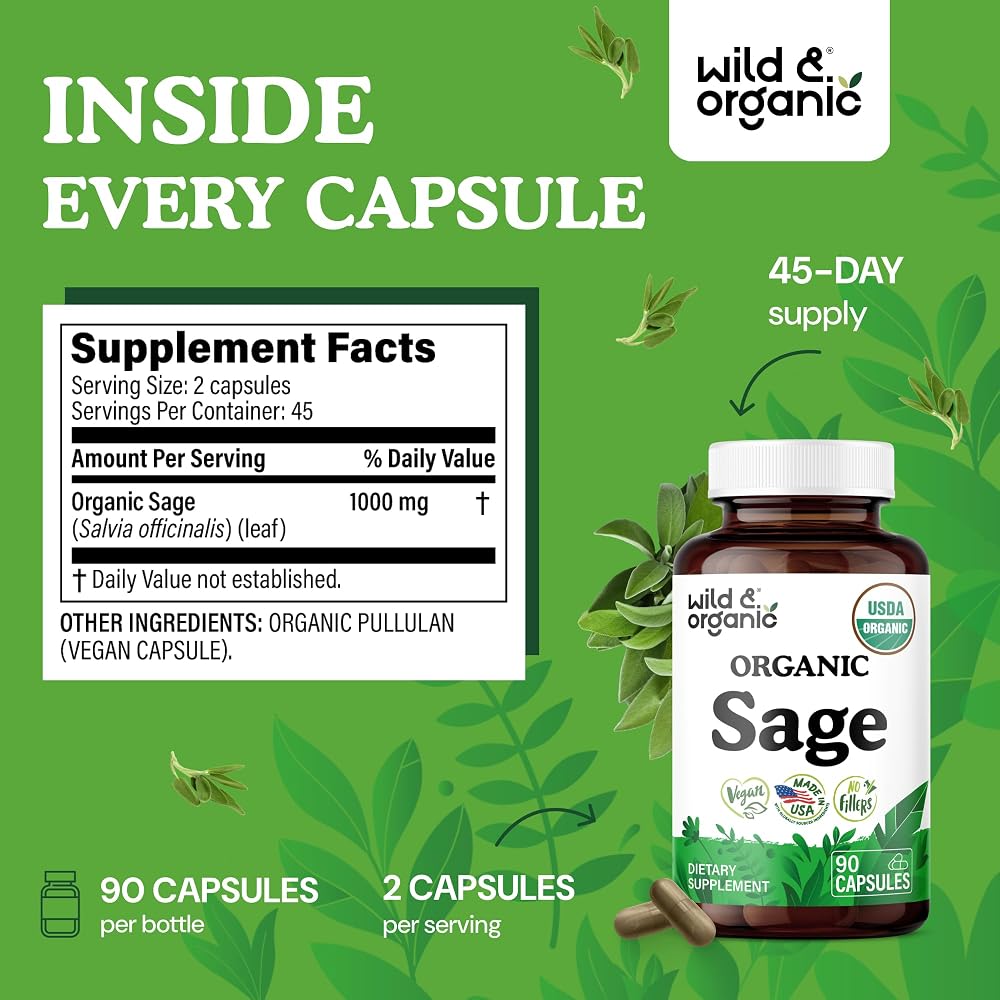 Wild & Organic Sage Capsules 1000 mg Brain Support - 90 Capsules - image 3