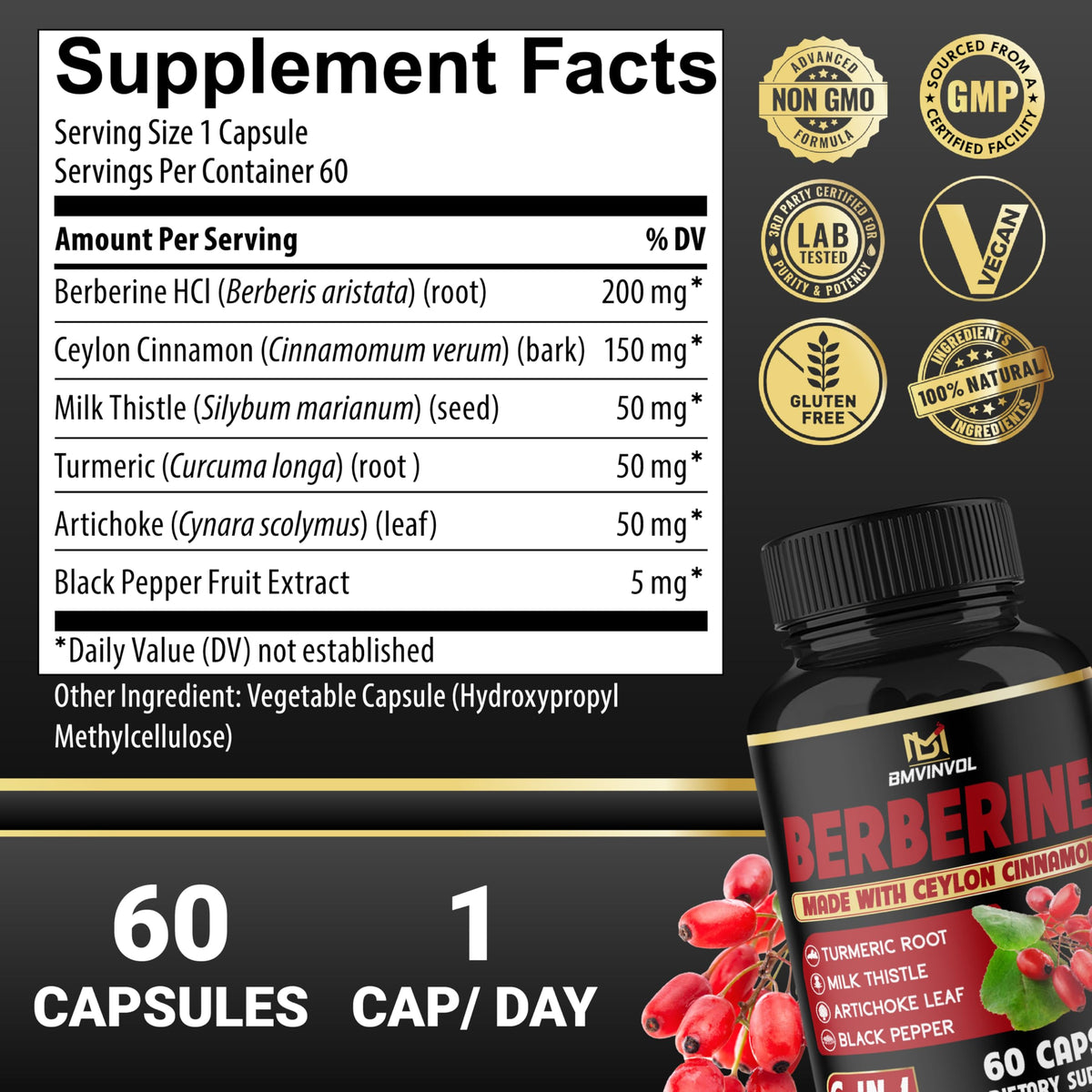BMVINVOL Berberine Capsules with Ceylon Cinnamon