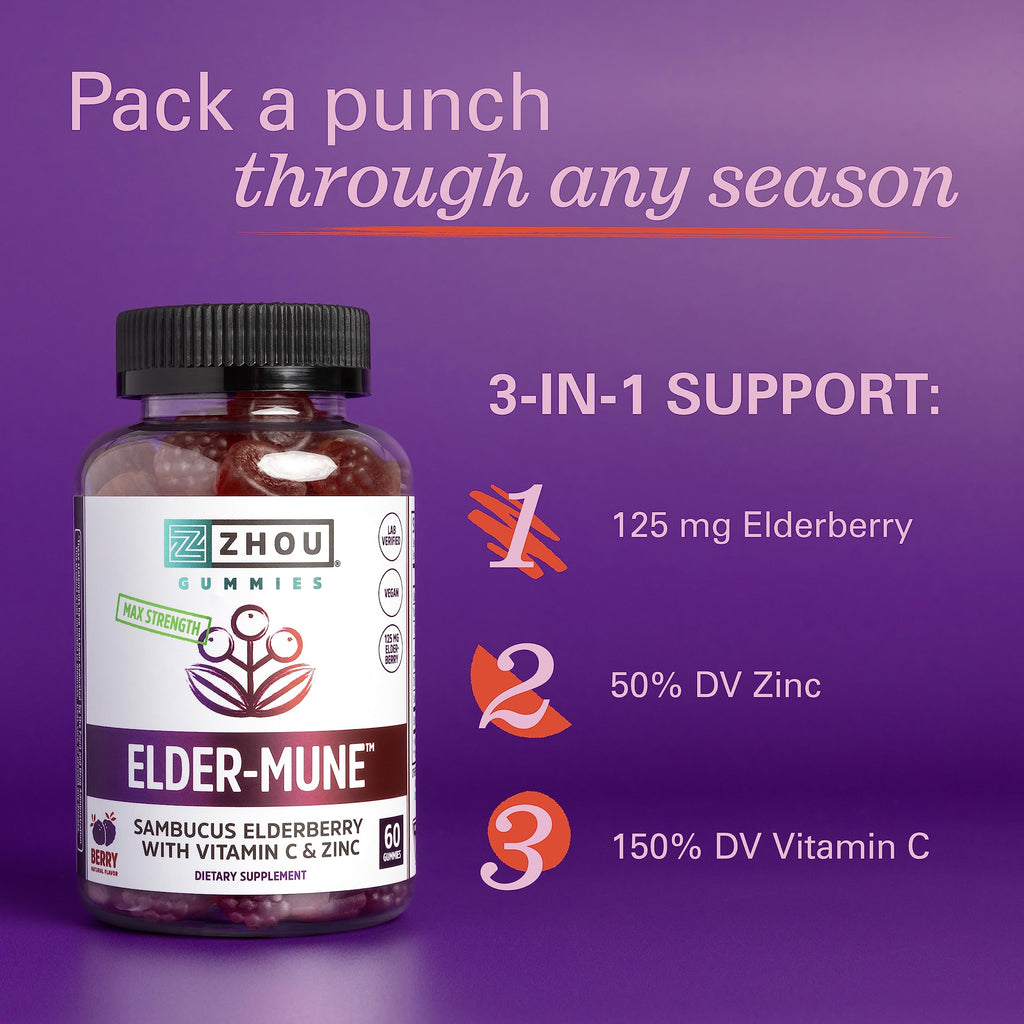 ZHOU Elder-Mune Sambucus Elderberry Gummies with Zinc & Vitamin C - 60 Gummies - image 3