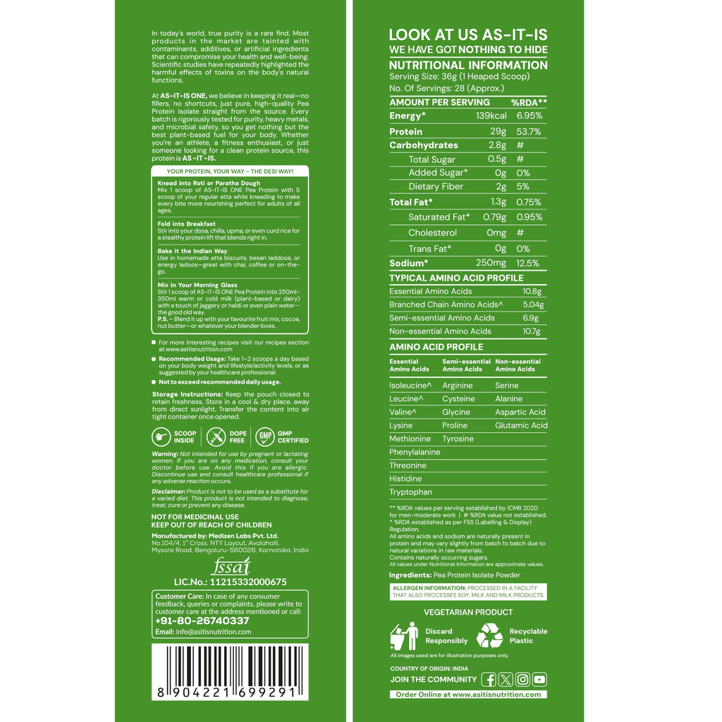 Asitis Nutrition Pea Protein Isolate Powder - 1000g - image 2