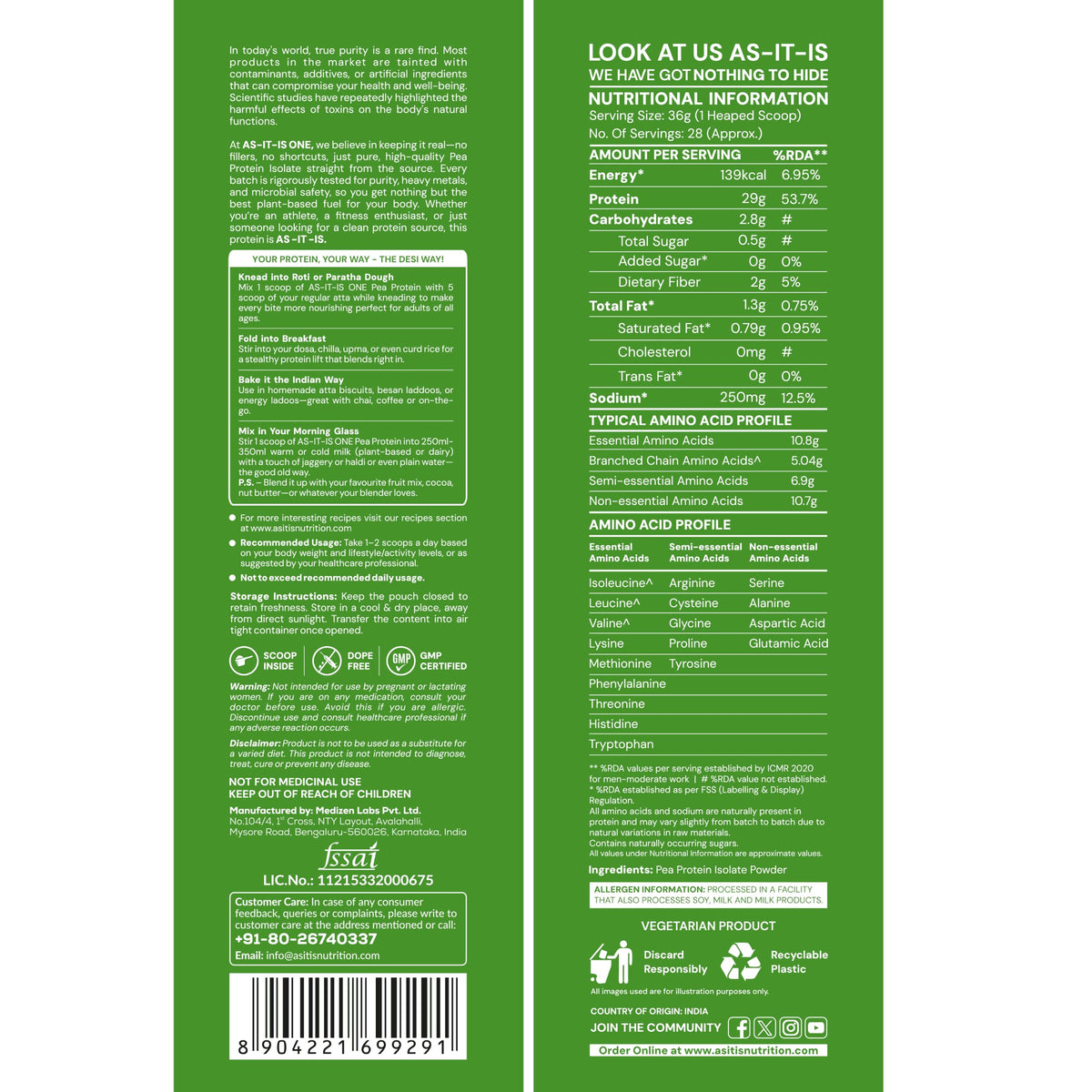 Asitis Nutrition Pea Protein Isolate Powder - 1000g - image 2