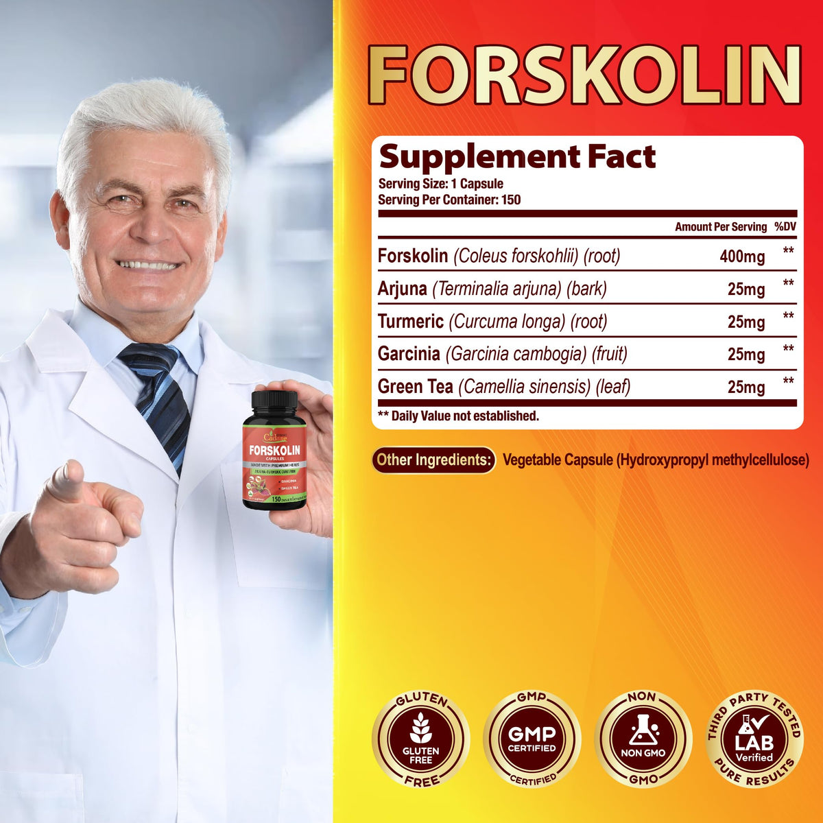 Organic Cadane Forskolin Supplement with Turmeric & Green Tea - 150 Capsules - image 3