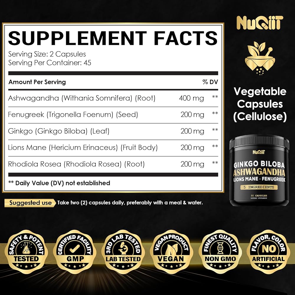 NUQIIT Ashwagandha Capsules with Fenugreek & Ginkgo - 90 Capsules - image 2