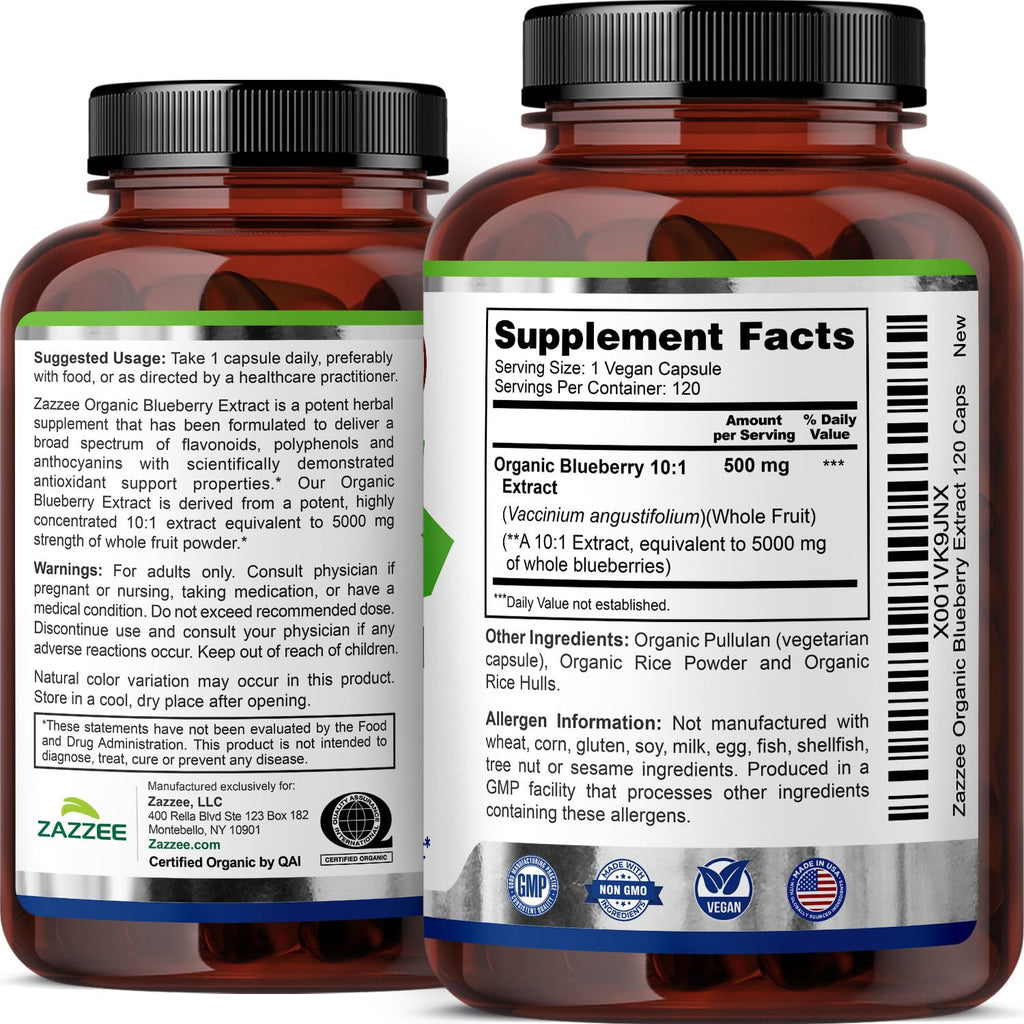 Zazzee USDA Organic Blueberry 10:1 Extract - 120 Capsules - image 8
