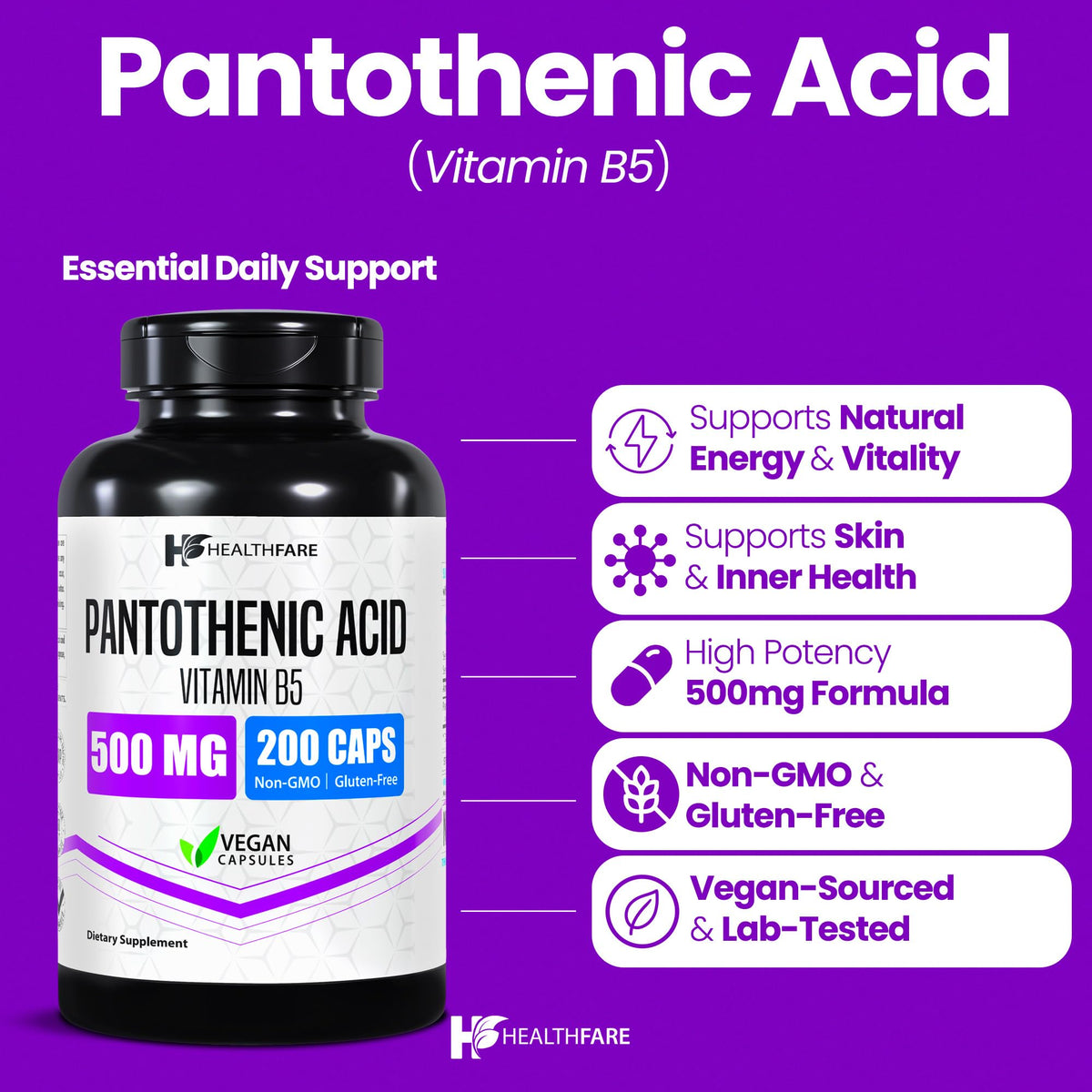 Healthfare Pantothenic Acid 500mg Vitamin B5 - 200 Capsules - image 2