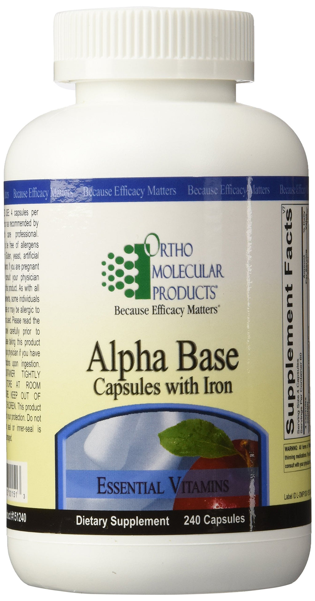 Ortho Molecular Products Alpha Base with Iron - 240 Capsules