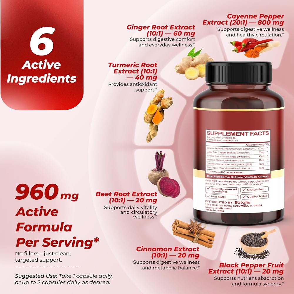 Sotalix Cayenne Pepper Complex 960 mg with Ginger & Turmeric - 150 Capsules - image 4
