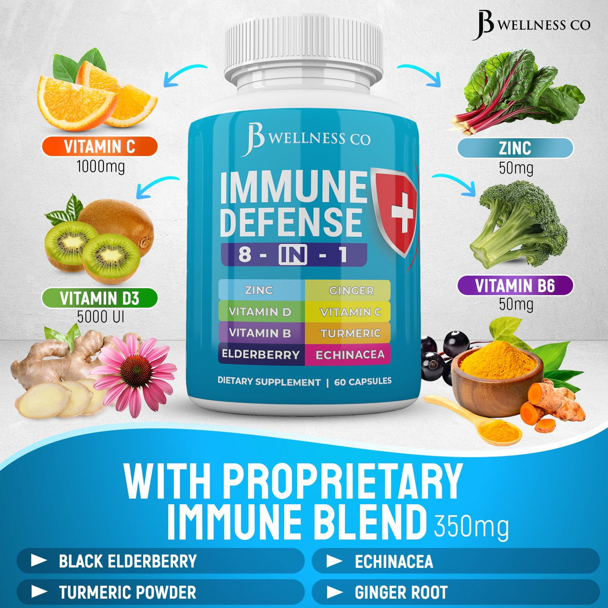 JB Wellness Co Immune Support 8 in 1 Capsules - Zinc Supplement