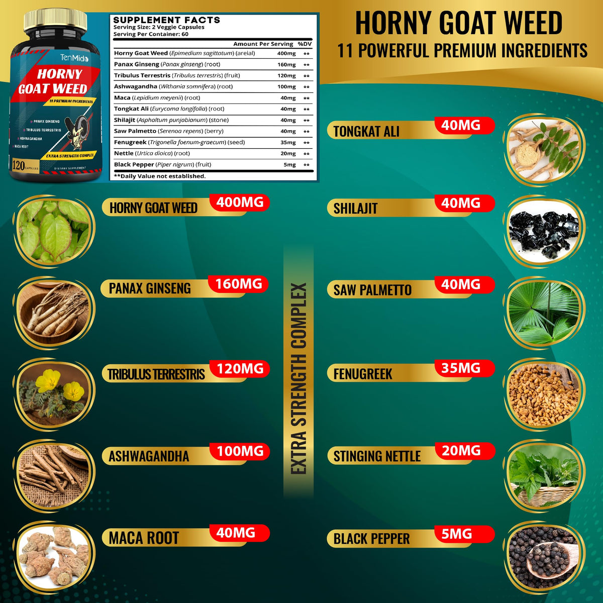 Tenmido Horny Goat Weed Extract with Ginseng & Herbs - 120 Capsules - image 3