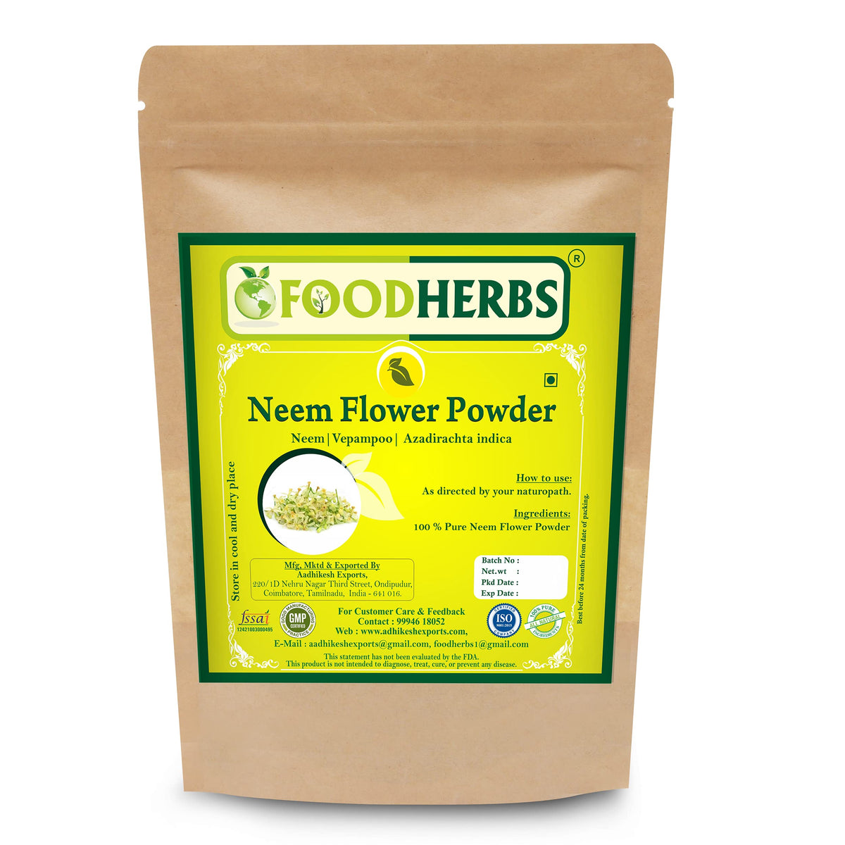 Foodherbs Neem Flower Powder for Gut & Skin Support - 200g