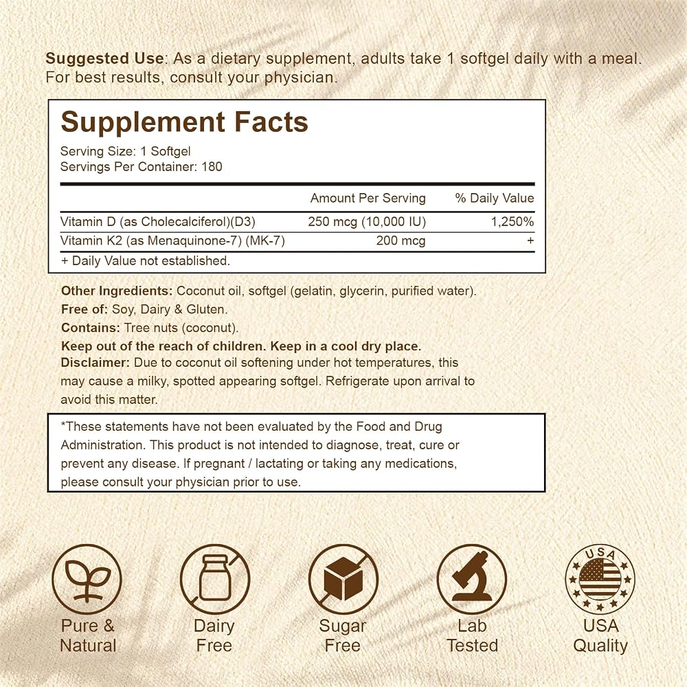 LETSCOL 2-in-1 Vitamin D3 K2 Supplement Softgel