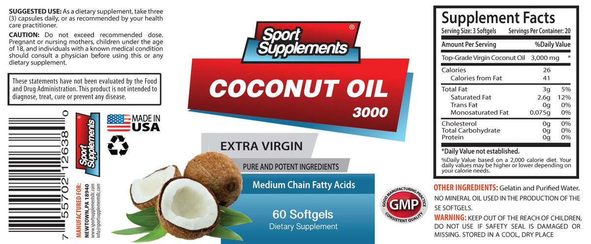Sport Supplement Coconut Oil Fractionated 3000mg - 120 Softgels - image 2