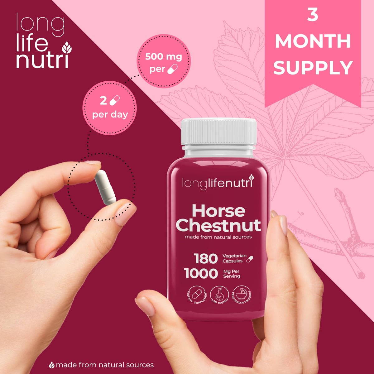 LongLifeNutri Horse Chestnut Extract 500mg - 180 Vegetarian Capsules - image 5