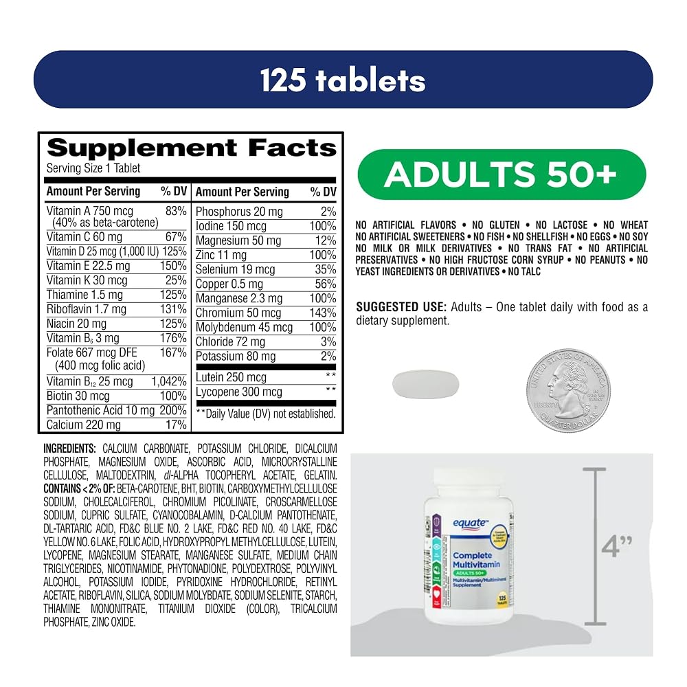 Generic Equate Adult 50+ One Daily Complete Multivitamin - 125 Tablets - image 6