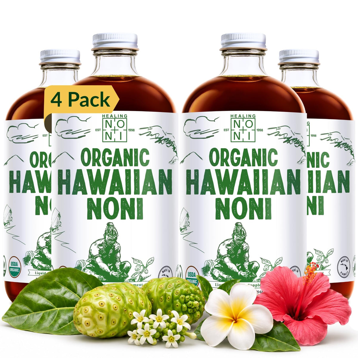 Healing Noni Hawaiian Pure Noni Juice - 4 x 32 fl oz