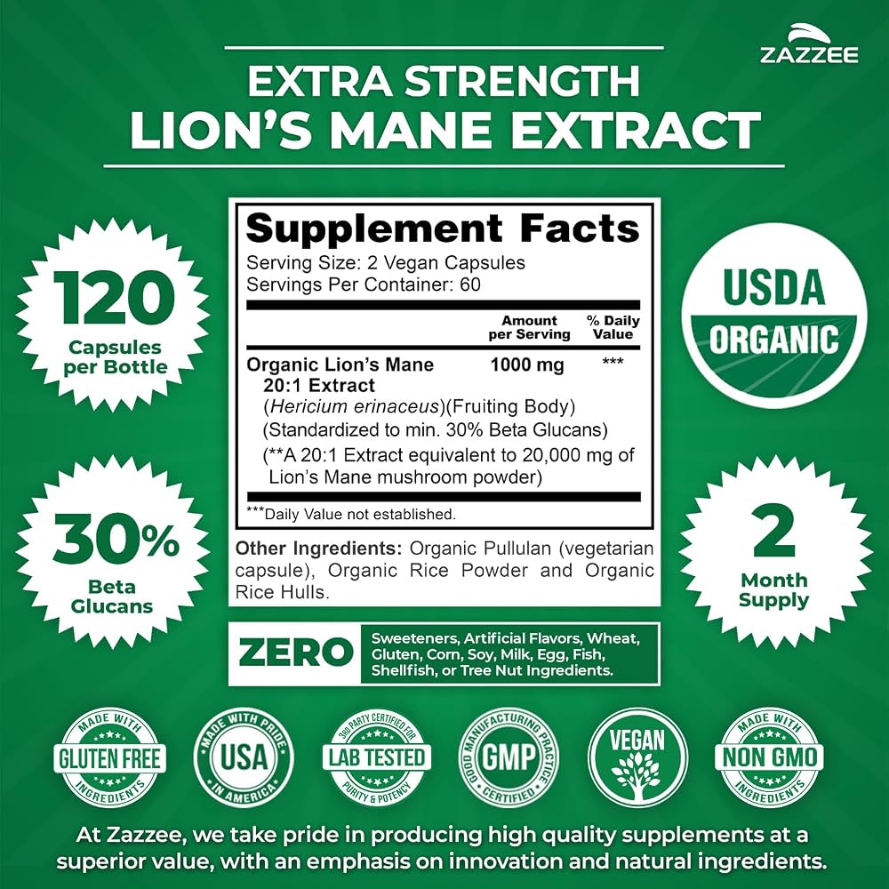 Zazzee USDA Organic Lion's Mane 20:1 Extract 30% Beta Glucans - 120 Capsules - image 3
