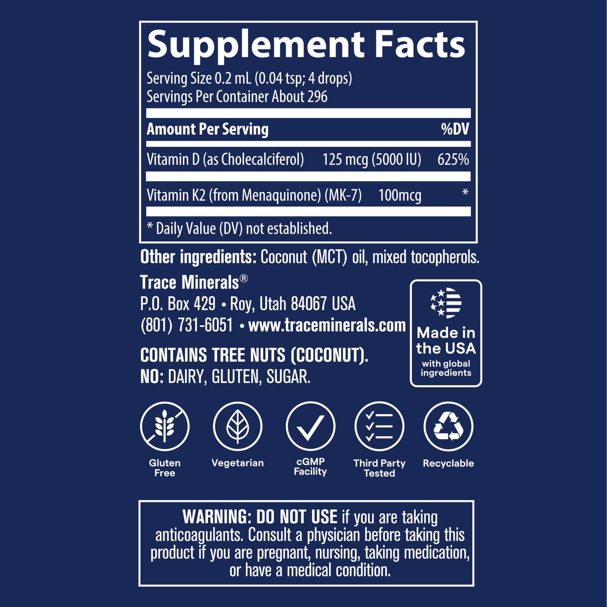 Trace Minerals Liquid Vitamin D3 + K2 5000 IU - 2 fl oz - image 3