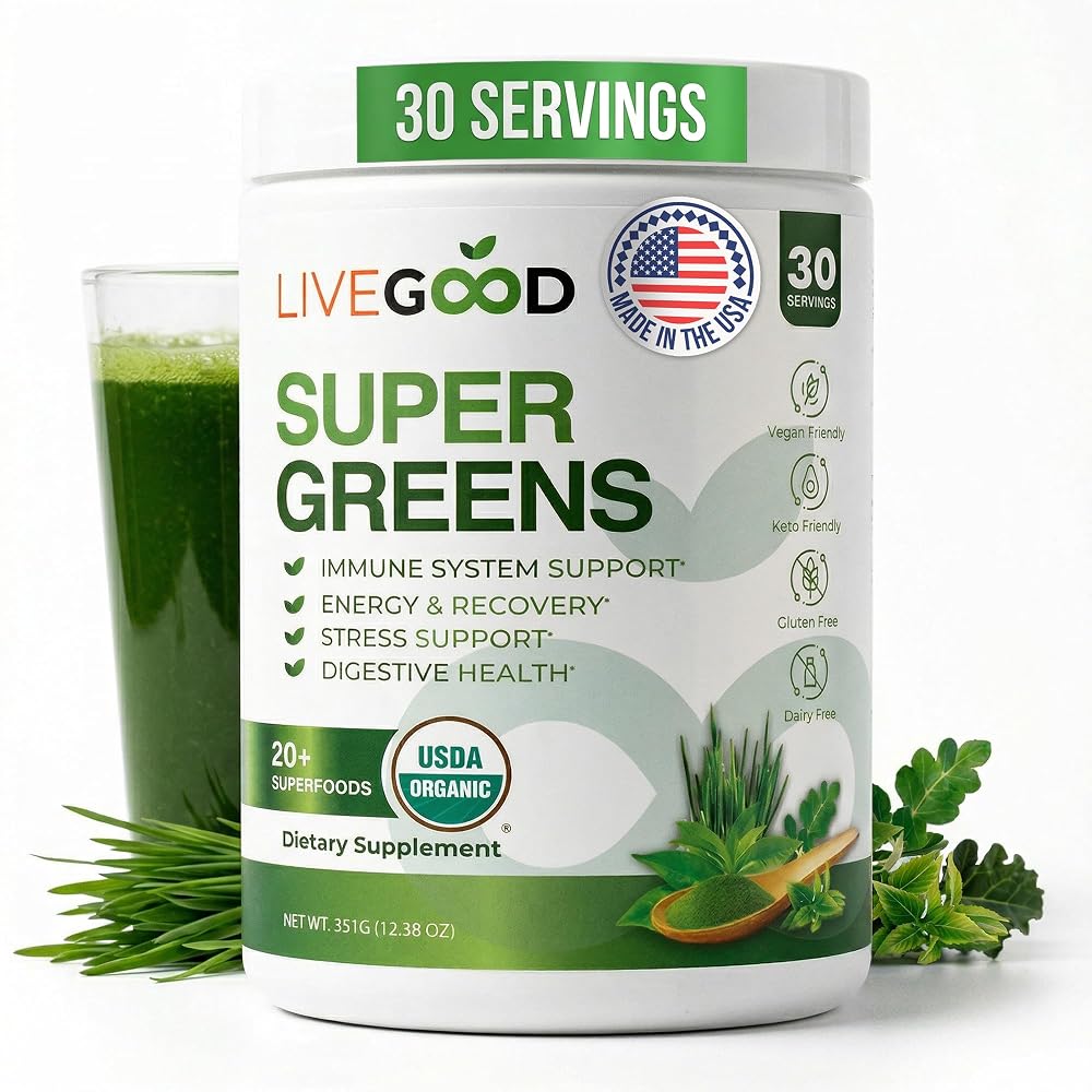 LIVEGOOD Daily Greens Powder Organic Blend for Digestion & Focus - 30 Servings