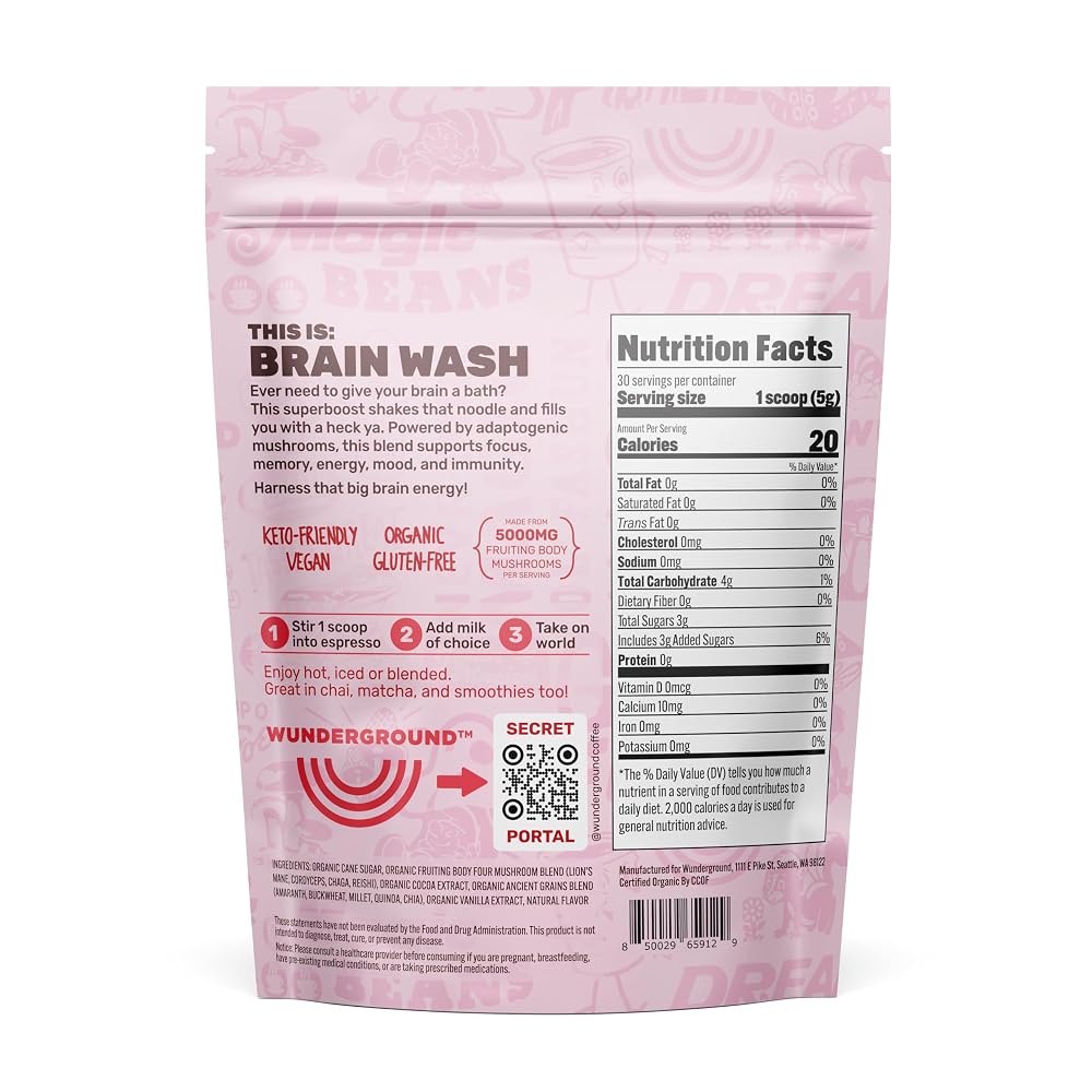 Wunderground Brain Wash Organic Mushroom Powder for Focus & Energy - 30 Servings - image 2