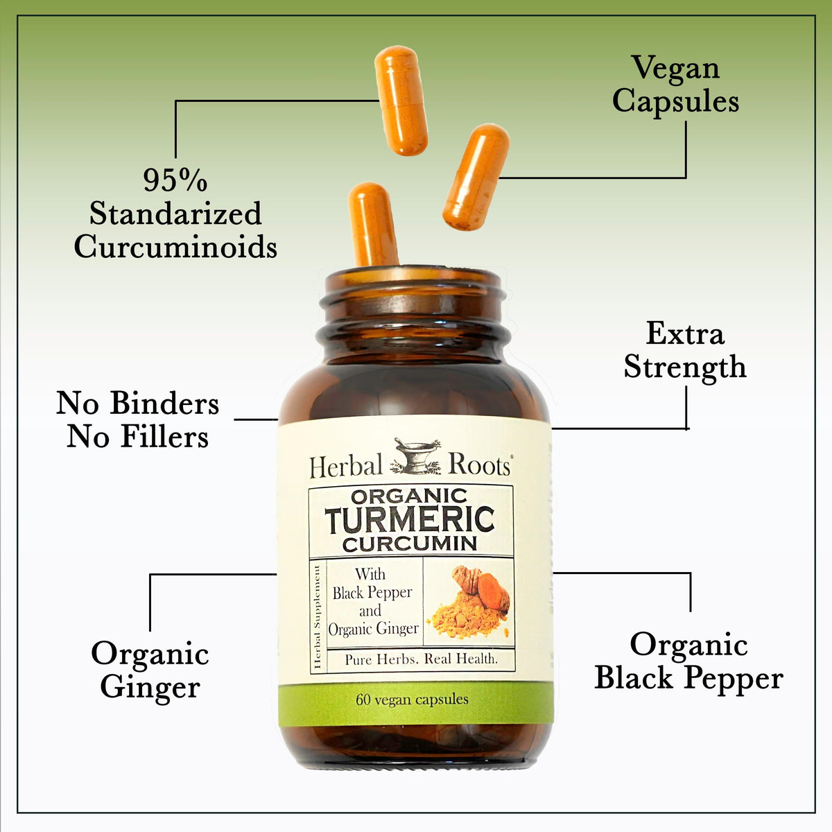 Herbal Roots Organic Turmeric Curcumin with Ginger & Black Pepper - 60 Capsules - image 4