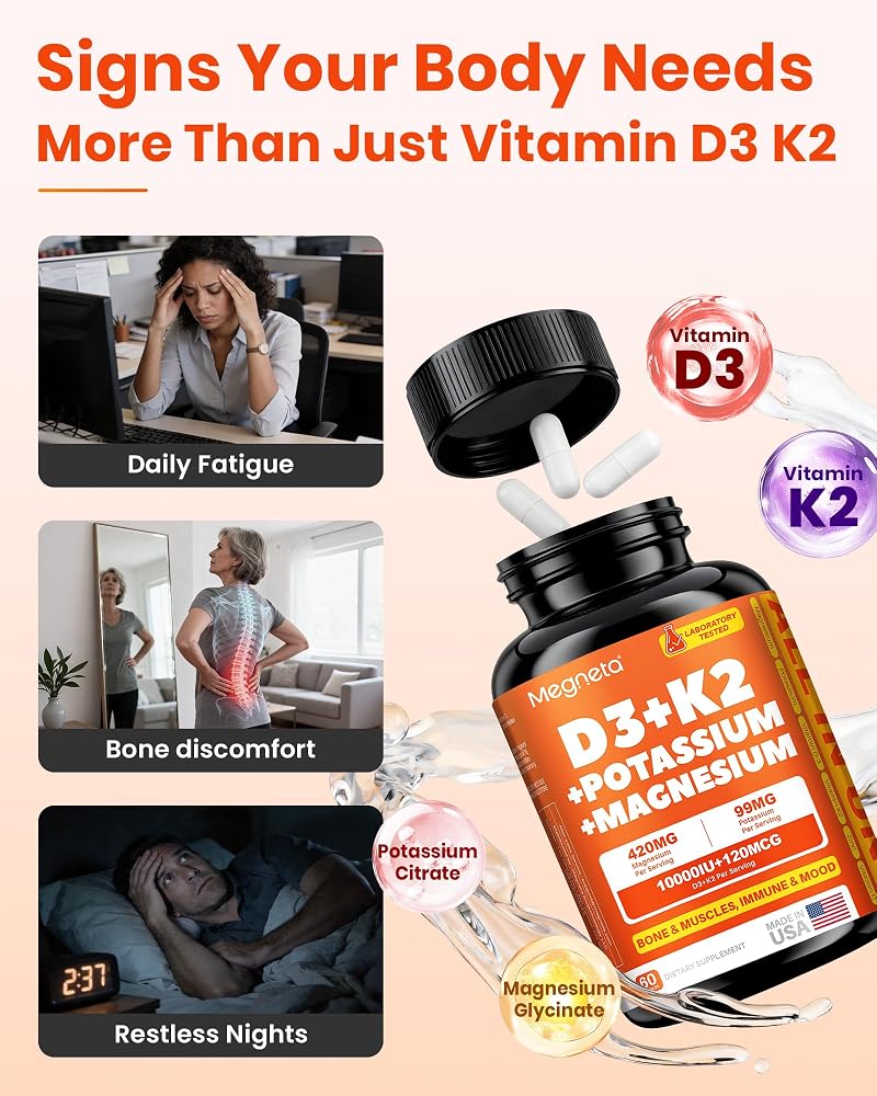 MEGNETA Vitamin D3 K2 MK-7 10000 IU with Magnesium - 60 Capsules - image 2