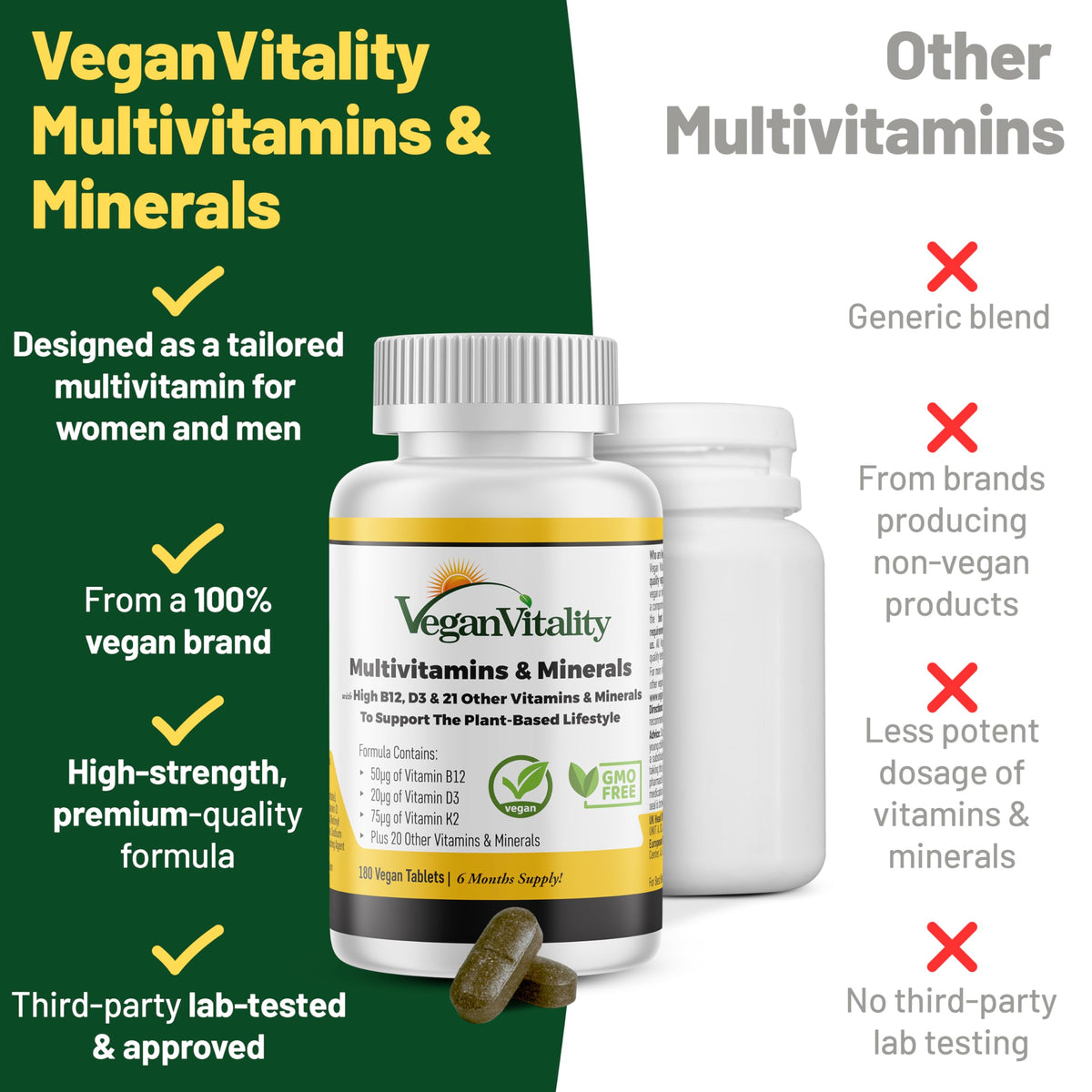 Vegan Vitality Multivitamin for Women & Men - 180 Tablets - image 3