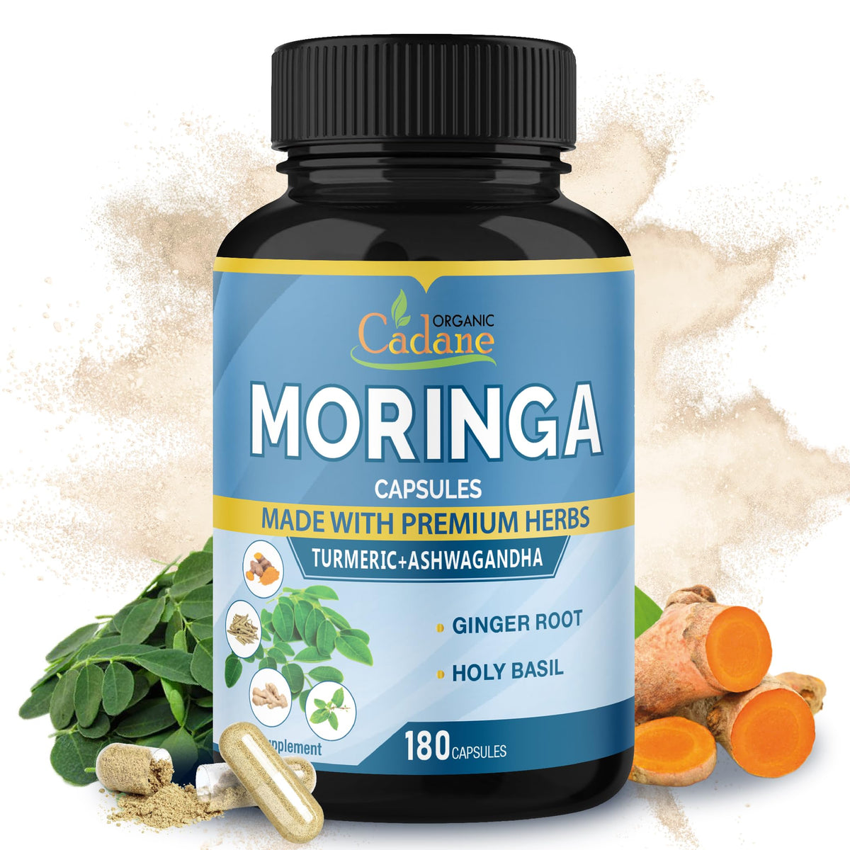Organic Cadane Moringa Extract with Ashwagandha & Turmeric - 180 Capsules