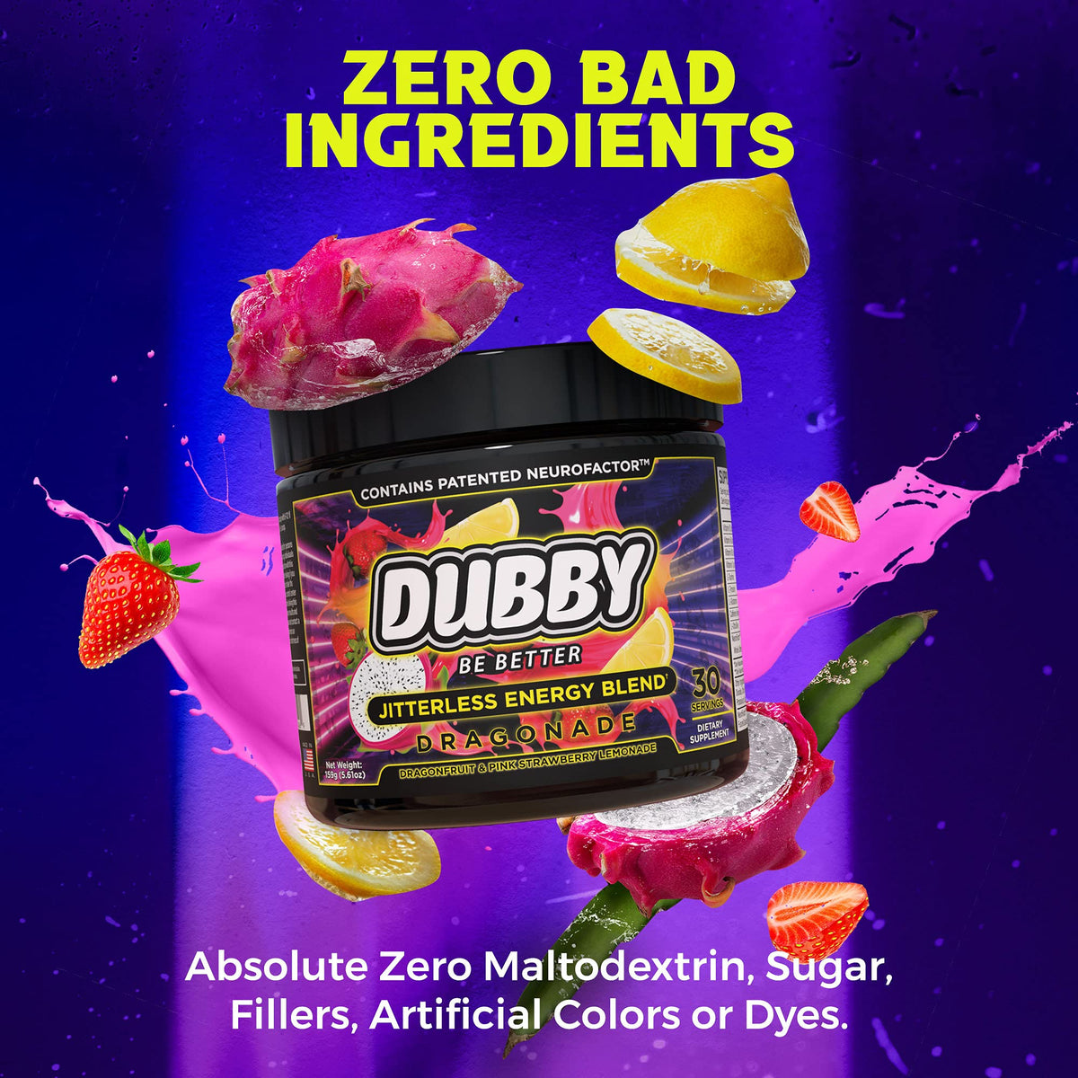 Dubby Sugar Free Energy Drink Powder Dragon Fruit Strawberry - 30 Servings - image 2