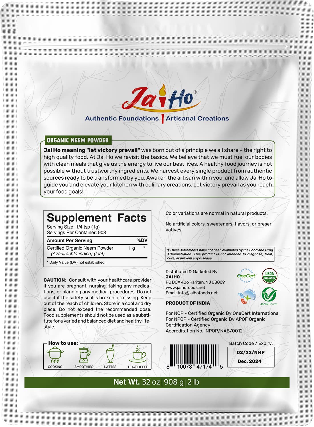 Vitamatic Jai Ho USDA Organic Neem Powder - 32 oz - image 3