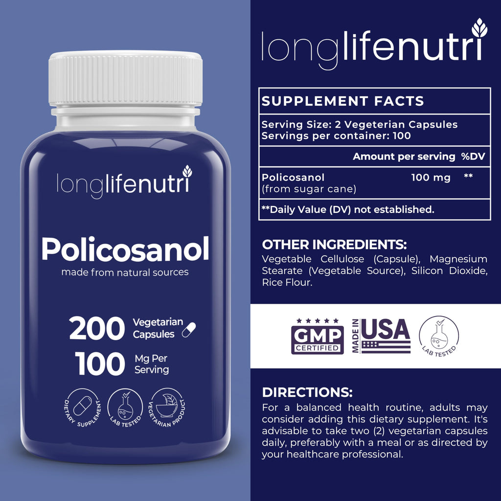 LongLifeNutri Policosanol 100mg - 200 Vegetarian Capsules - image 2
