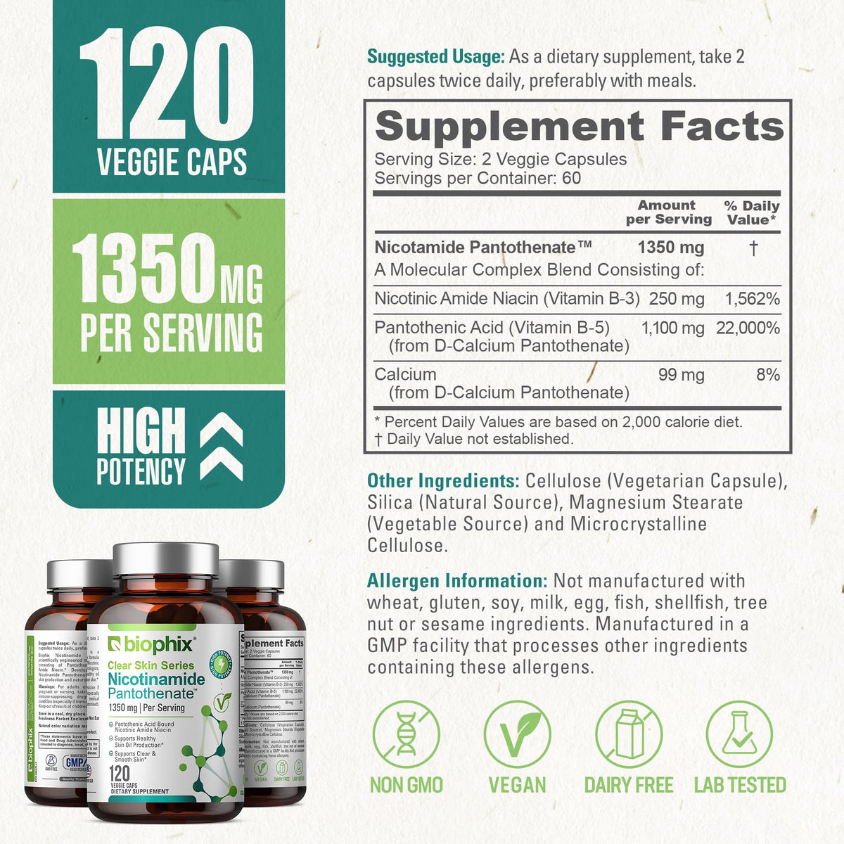 biophix B-3 Nicotinamide Pantothenate 1350 mg - 120 Vegetarian Capsules - image 5