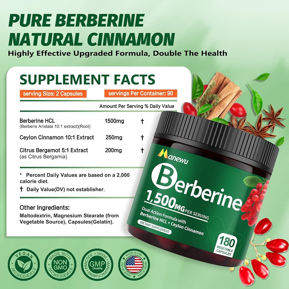 Manewu Berberine HCl 1500mg with Ceylon Cinnamon - 180 Capsules - image 5