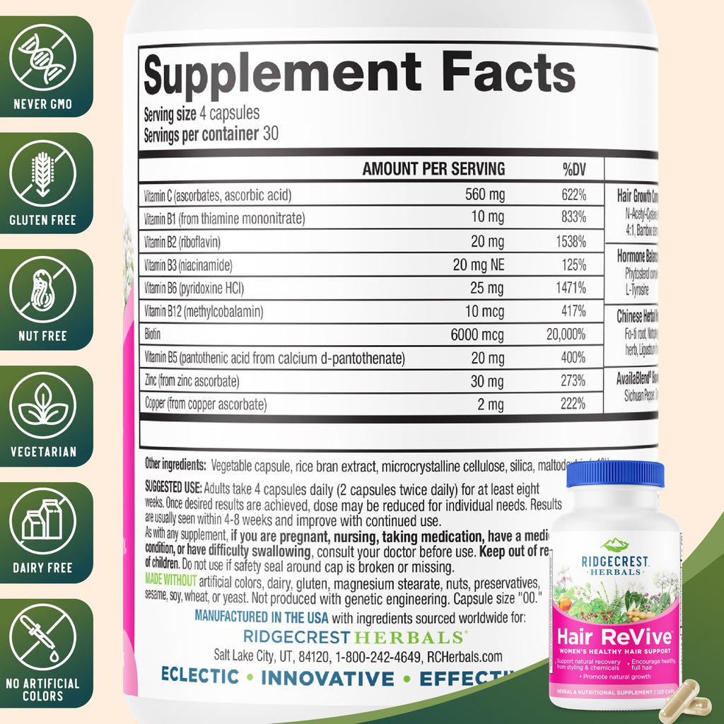 RidgeCrest Herbals Hair Revive Hair Growth Vitamins with Biotin - 120 Capsules - image 3
