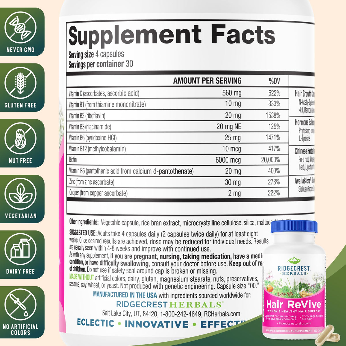 RidgeCrest Herbals Hair Revive Hair Growth Vitamins with Biotin - 120 Capsules - image 3
