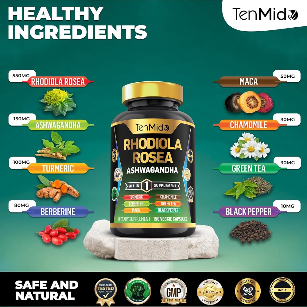 Tenmido Rhodiola Rosea 8in1 Formula - 150 Vegetarian Capsules - image 3