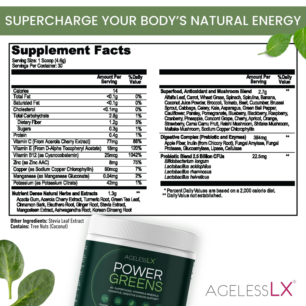 AgelessLX Power Greens Superfood Powder for Energy & Immunity - 30 Servings - image 2