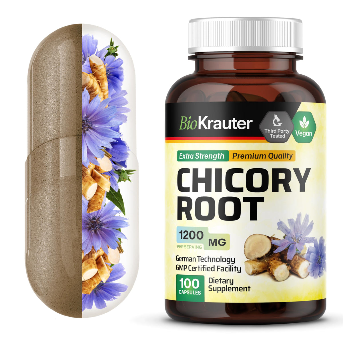 BIO KRAUTER Chicory Root Prebiotic for Digestive Support - 100 Capsules