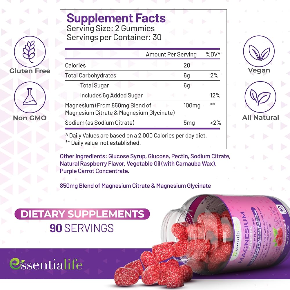Essentialife Magnesium Gummies Pure Magnesium 100mg per Serving