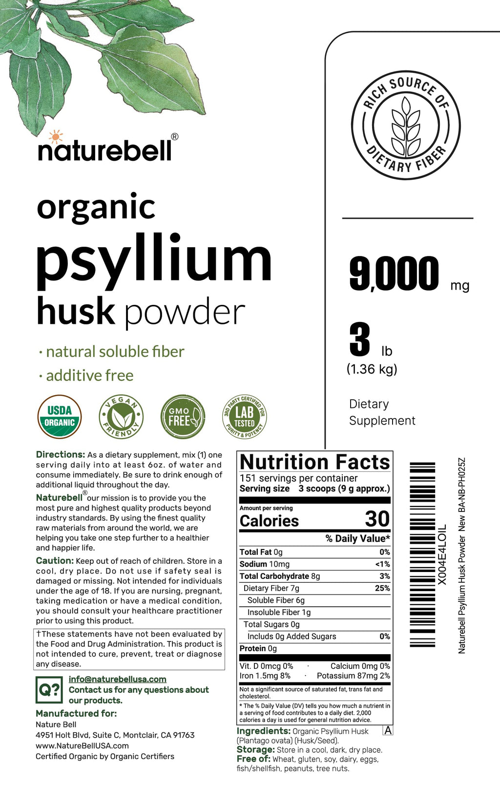 NatureBell Psyllium Husk Fiber Supplement Powder - 3lb - image 2