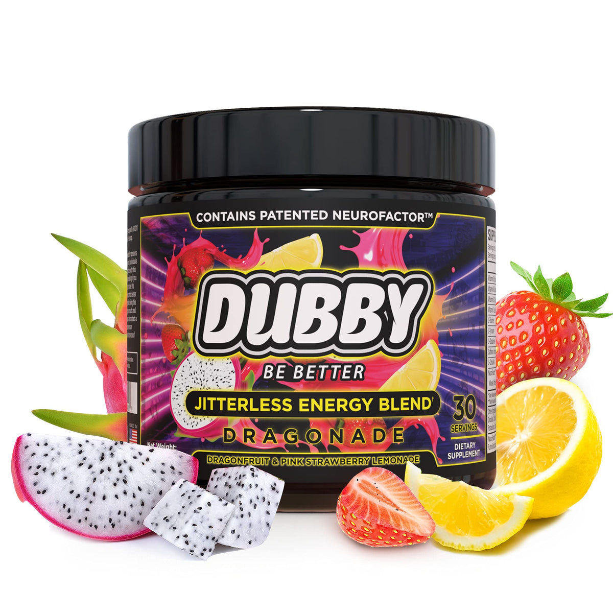 Dubby Sugar Free Energy Drink Powder Dragon Fruit Strawberry - 30 Servings