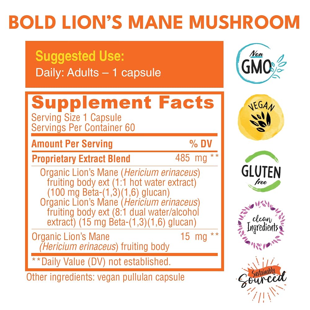 Bold Botanica Organic Lion's Mane Mushroom Extract Brain Health - 60 Capsules - image 2