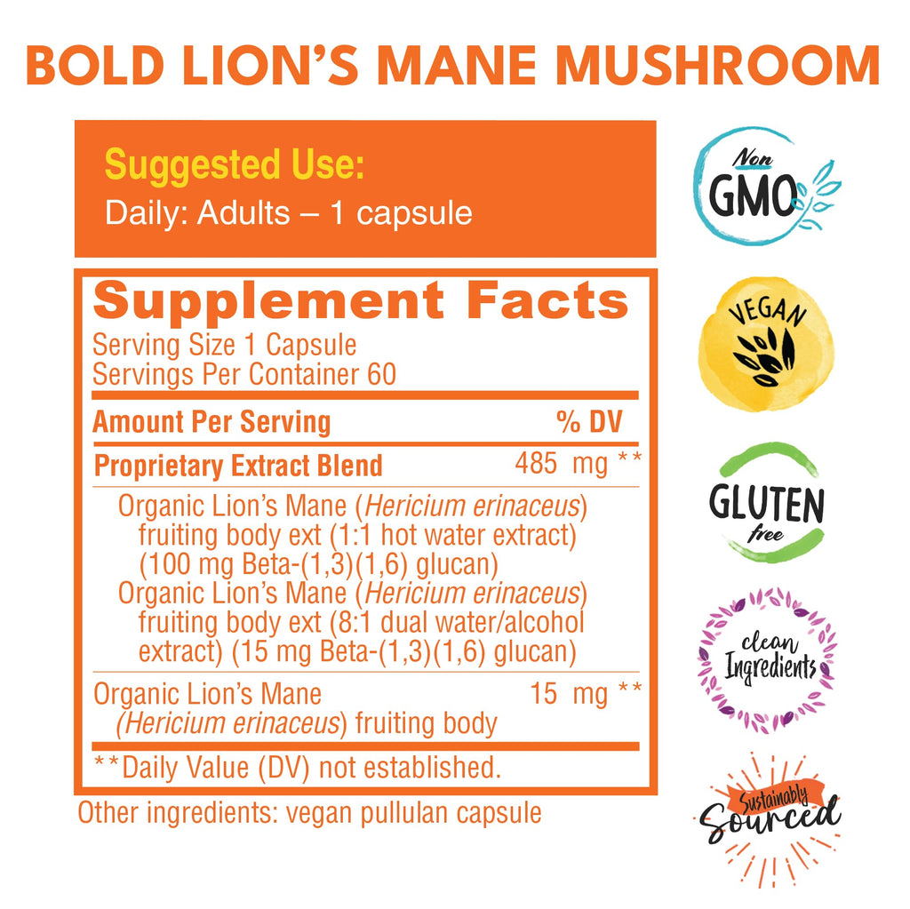 Bold Botanica Organic Lion's Mane Mushroom Extract Brain Health - 60 Capsules - image 2